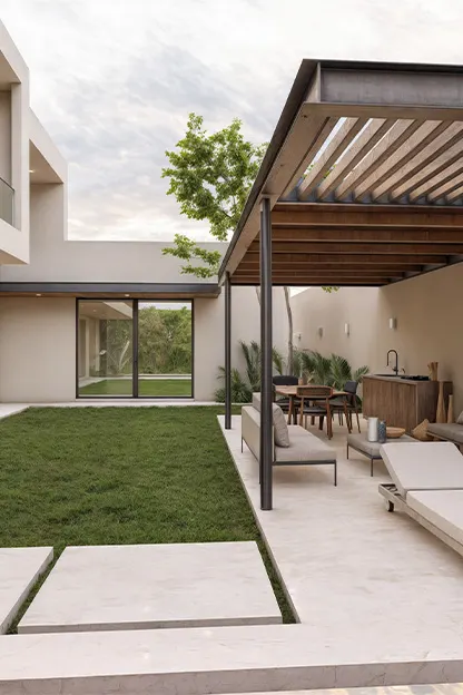 Portada - Render fachada posterior y camastros del proyecto Casa Borbón, por Badra Estudio