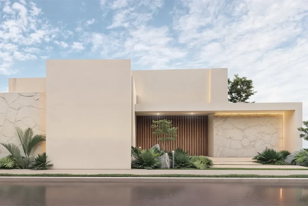 Render frontal de fachada principal del proyecto Casa Borbón, por Badra Estudio